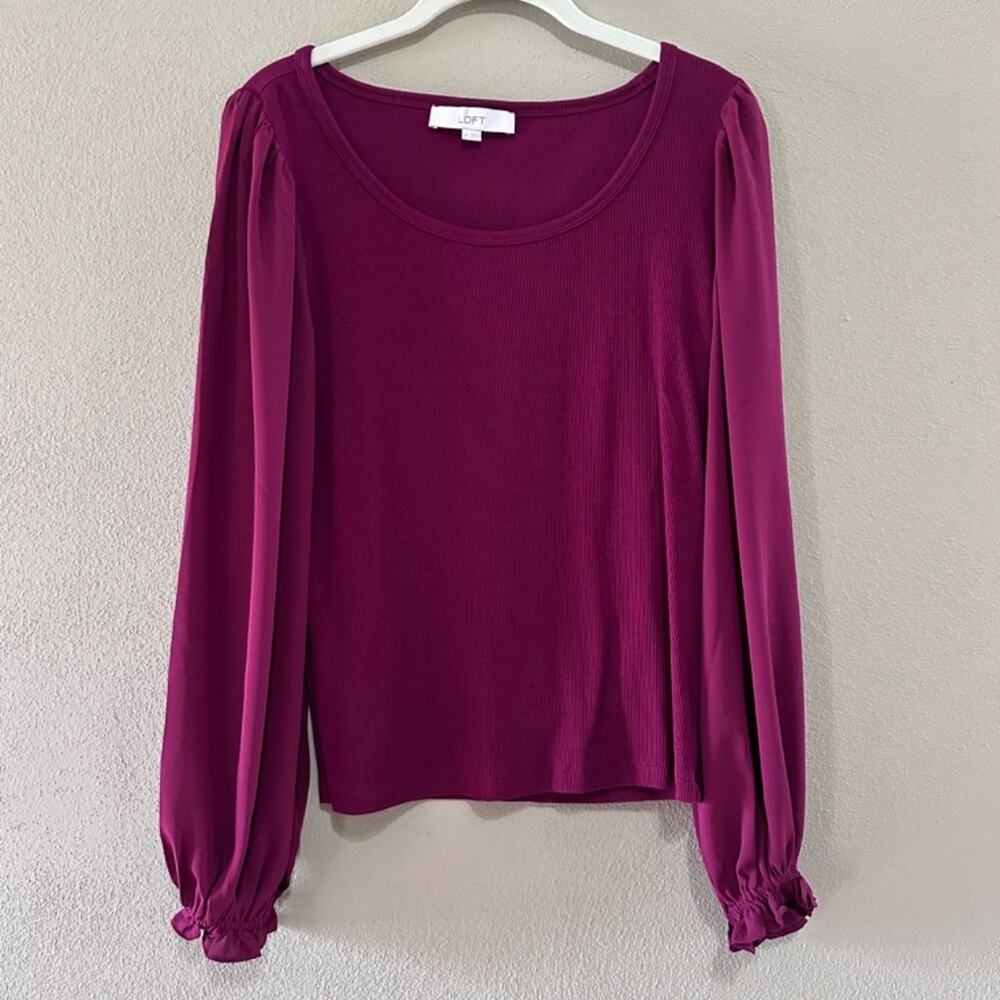LOFT Draped Sleeve Mixed Media Top, Magical Plum, Size Medium - Picture 2 of 8